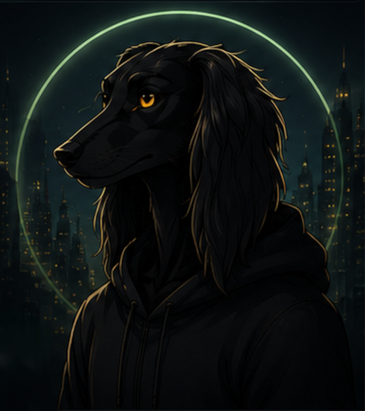Night Hound mascot — a black hound in a hoodie before a green moon over a city skyline